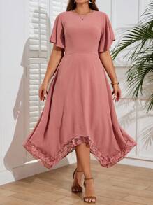 EMERY ROSE Vestido de manga corta con escote de encaje para mujer de talla grande, unicolor elegante