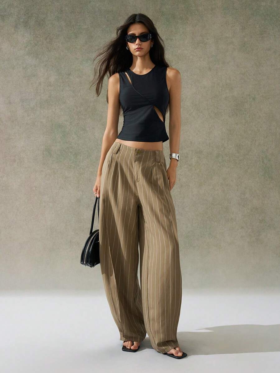 LYSMO 女士竖条纹宽松百褶夏季休闲裤