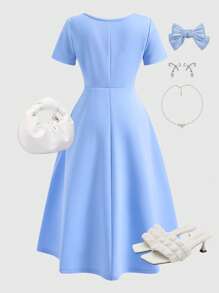 SHEIN Girls Blue Minimalist Solid Color Bow Decor Fitted Long Dress - Blue - View 2