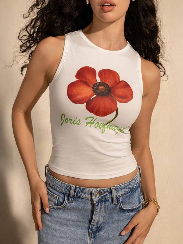 SHEIN Touch of Art Women's Sleeveless Round Neck Casual Floral & Letter Graphic Romantic Summer Tank Top