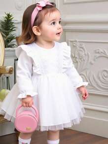 Souflis Souflis Baby Girls' Contrast Lace Long Sleeve Sweet Mesh Patchwork Dress - White - View 2