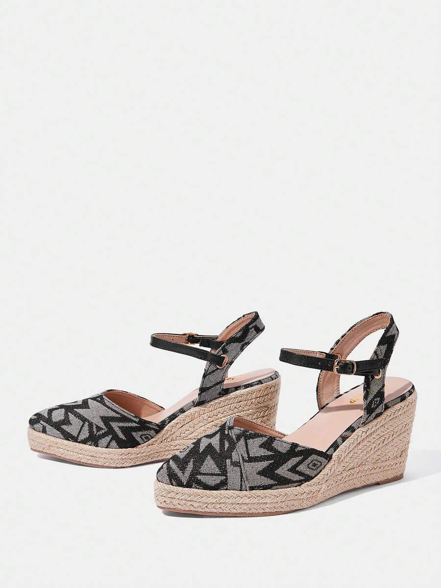 Styleloop Giày sandal đế dày dệt đế xuồng cho nữ, phong cách Bohemian cho kỳ nghỉ - Màu xám đen - Xem 1