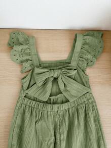 SHEIN LMoss Kids Baby Girl Cute Summer Versatile Green Textured Jumpsuit With Flutter Sleeves - Green - View 4