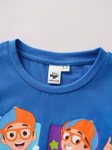 Blippi X SHEIN Young Boy Cute Rocket & Cartoon Pattern Blue Casual Versatile Short Sleeve T-Shirt, Summer - Blue - View 3