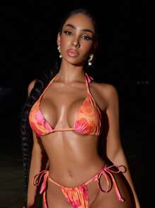 BamGleam 2pcs Women Printed Swimwear Top - Triangle Tie Strap With Mesh Cami, Summer Beach Vacation Style - Multicolor - View 3