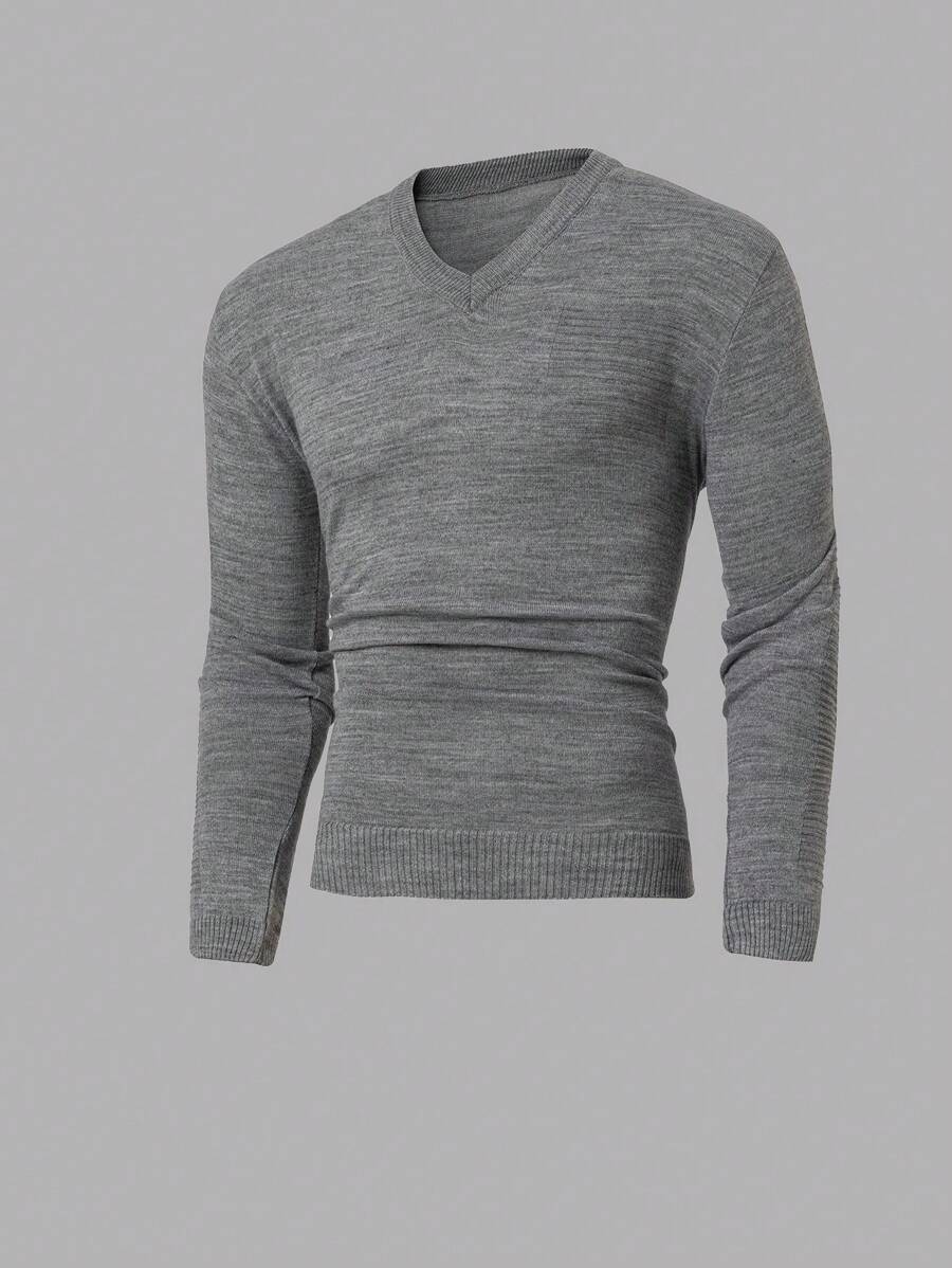 RueChic Men V Neck Rib Knit Solid Regular Sweater - Grey - View 1