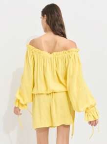 Nöista Butter Yellow Off-Shoulder Romper With Ruffled Sleeves And Tie-Front Detail. Light And Breezy-Perfect For Beach Vacations, 4th Of July Looks, Or Summer Pool Party!