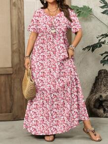 EMERY ROSE Vestido holgado de flores de talla grande para mujer, adecuado para vacaciones de verano - Rosa - Ver 1