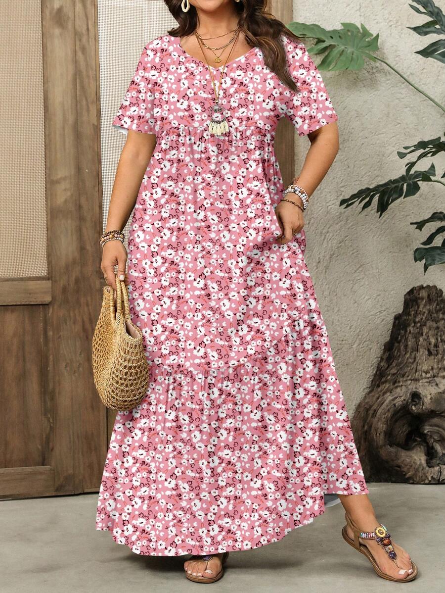 EMERY ROSE Vestido holgado de flores de talla grande para mujer, adecuado para vacaciones de verano - Rosa - Ver 1