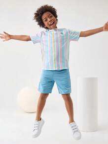 SHEIN Tween Boy Striped & Tropical Print Tee & Shorts Without Necklace