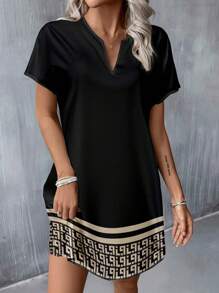 SHEIN LUNE Casual Minimalist Women's Floral V-Neck Woven Short Dress, Suitable For Spring & Summer,Boho Clothes Women