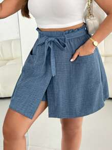 SHEIN Essnce Plus Size Women Spring And Summer Fashion Casual Loose Comfortable Daily Cool Light Fabric Elastic Waist Blue Shorts With Pockets,Skort,Vacation,Women Bottom,Boho,European Summer,Flowy Shorts,Comfy Shorts,Airport,Bermuda Shorts - Blue - View 8