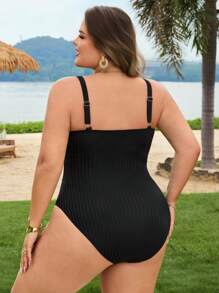 SHEIN CURVE+ Plus Size Women's Gold Accent Detachable Strap One-Piece Swimsuit, Beach Wear For Summer Beach Vacation