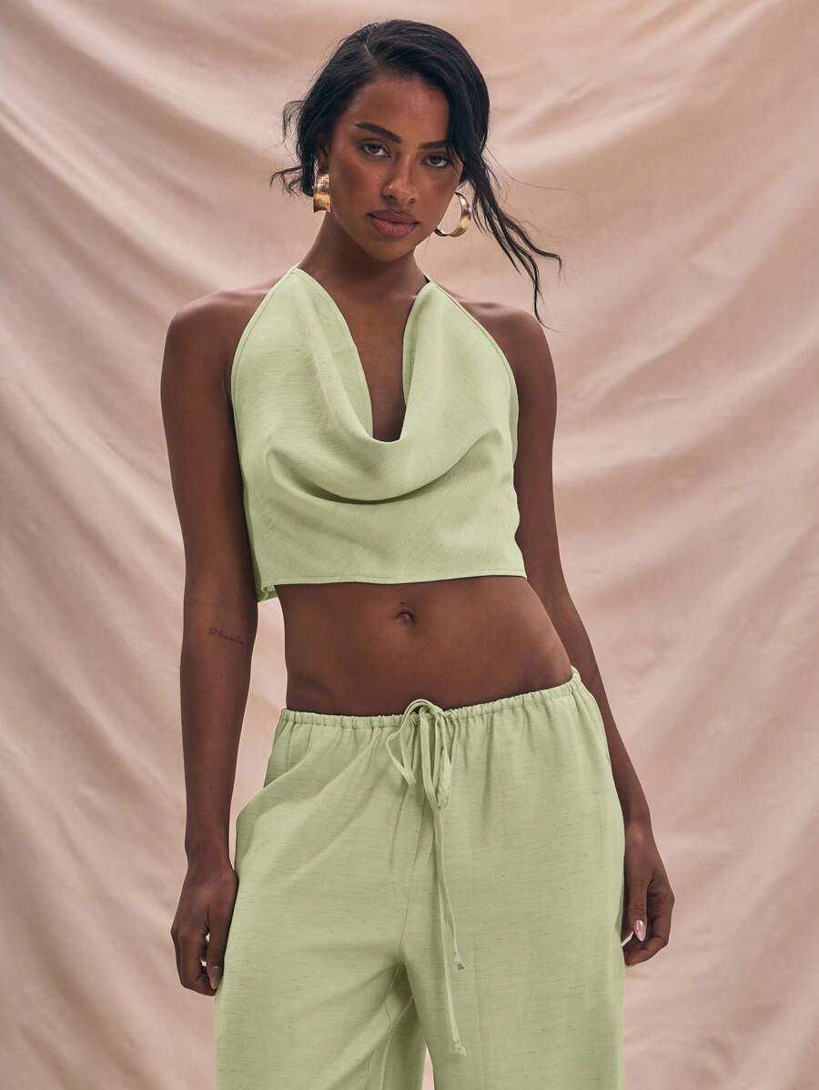 MUSERA Extreme Halter Neck Draped Strappy Linen Top Summer Holiday Vacation Cute Only Sexy Boho Ibiza Fall Carnival Festival Spring - Lime Green - View 1