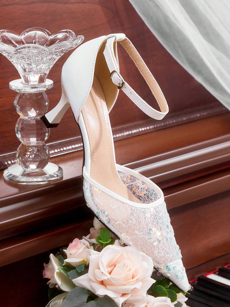 CUCCOO HITCHD Women's Fashion Elegant Pointed Toe Lace Ankle Strap Closed Toe Mid Heel Pumps