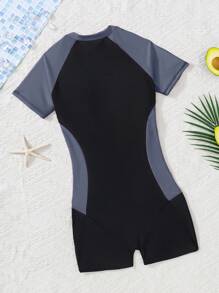 SHEIN 少女黑粉色拼接拼色连体泳衣，短袖圆领直下摆冲浪保守泳衣，适合夏季海滩度假 - 藍色 - 查看 3