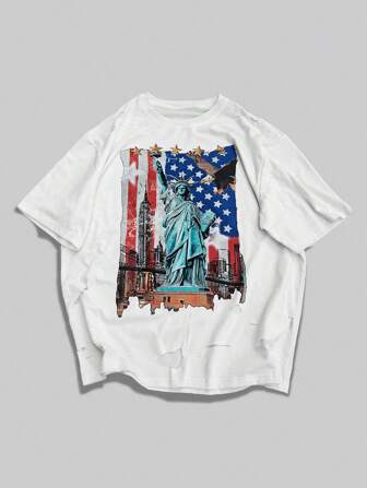 Street Life T-shirt casual estiva da uomo con stampa di bandiera, ampia e strappata
