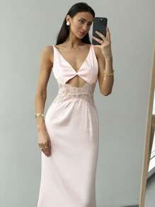 Aloruh 女式无袖深V领镂空蕾丝拼接长款连衣裙 - 淺粉色 - 查看 1