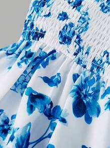 Tween Girl's Backless Bowknot Ditsy Floral Halter Sleeveless Dress Girls Open Back Dress - Blue - View 3