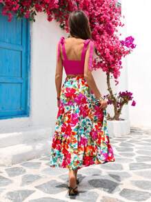 Vivid Eden 2 pezzi Set di moda da donna con canotta corta tinta unita e minigonna con stampa floreale per vacanza