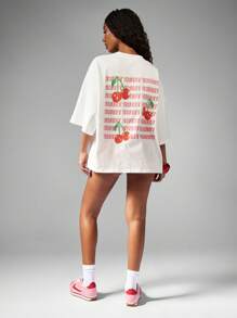 MISSGUIDED 甜美樱桃复古印花超大T恤夏季水果图案美学休闲街头服饰节日季怀旧 - 白色 - 查看 6