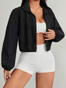 SHEIN PETITE Zip Up Crop Casual Drop Shoulder Jacket In Fall/Winter - Black - View 6