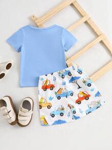 SHEIN Playful Pals Conjunto de bebé y niño pequeño de top de manga corta con estampado de animales y carros lindos, y shorts estampados, adecuado para salidas y uso diario en primavera/verano