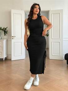 SHEIN EZwear 大码女士休闲黑色褶皱侧开衩连衣裙，带抽褶设计，适合婚礼宾客、度假、沙滩、节日、生日等场合。 - 黑色 - 查看 5