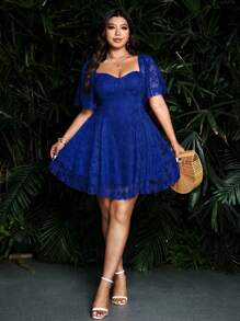 Sunspun Đầm ngắn lưới cổ tim thanh lịch lãng mạn cỡ lớn thời trang cho nữ - Xanh đậm - Xem 6