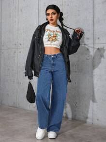 SHEIN PETITE 女式宽松口袋直筒休闲牛仔裤 - 藍色 - 查看 6