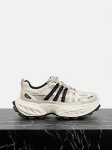 Vate 3-Stripe Chunky Sneakers For Women, Spring/Autumn Lace-Up Mesh Breathable Casual Shoes, Fashion High-End Thick Bottom Anti-Slip Platform Color Block Sports Shoes