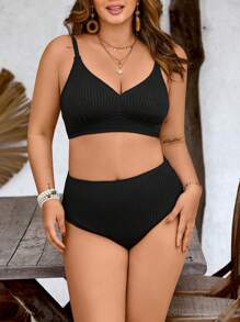 Swim Lushoire Plus Size Women's 2pcs/Set Solid Color Spaghetti Strap Sexy & Fashionable Beach Vacation Bikini Set Set For Summer - Black - View 3