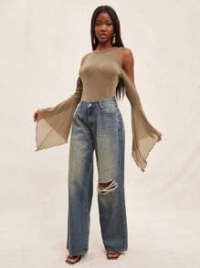 NYA SZN 女士连体衣，节日网纱荷叶边夏季连体衣，音乐节优雅度假春假早午餐穿搭 - 軍綠色 - 查看 3