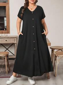 SHEIN Essnce Robe longue ample et confortable à manches courtes noire col en V avec poches, style mode décontracté printemps et été pour les femmes de grande taille. Tenues d'été pour femmes, vêtements d'église pour femmes, style Old Money pour femmes, tenues d'enseignante pour femmes, tenue d'aéroport pour femmes