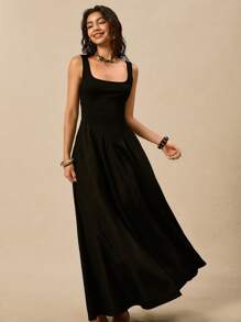 Easelle Pure Black Long Knitted Skirt, Floor Length, Loose And Elegant, Casual Long Skirt, Versatile Summer Outfits Summer Black Maxi Dress Casual Black Dress Black Square Neck Dress