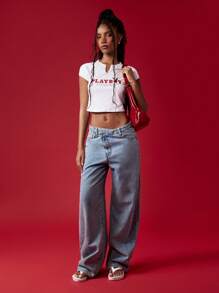 Missguided x Playboy 短款婴儿 T 恤缺口领短袖 T 恤 Y2K 时尚休闲夏季节日上衣 - 白色 - 查看 3