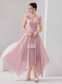 Poshira 女士优雅纯色3D花卉装饰礼服