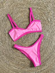 Swim Vcay 2 piezas Conjunto de bikini de mujer con tirantes de espagueti, unicolor y recorte alto sexy con ribete en contraste para el verano