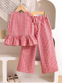 Emery Rose Kids Emery Rose Kids 2 件套年轻女孩编织格子圆领修身休闲上衣和宽松休闲裤 - 彩色 - 查看 3