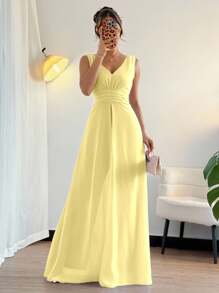 Breezaya 优雅的V领褶腰珍珠雪纺阔腿连体裤，紫色，优雅的婚礼宾客服装