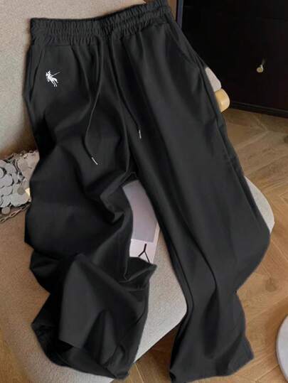 SHEIN 全新休闲马刺绣宽松百搭纯色直筒裤女秋季女装