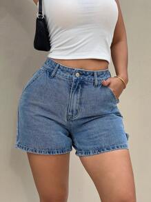 SHEIN PETITE Quần short denim trơn màu mùa hè thường ngày đa năng cho nữ - Rửa nhẹ - Xem 5