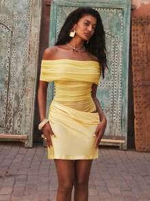 Opulessa 1 pieza Vestido mini ajustado de unicolor de punto con hombros descubiertos para mujer - Amarillo - Ver 4