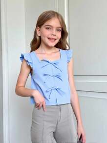 SHEIN Girlism Tween Girls' Casual Vacation Fashionable Cap Sleeve Square Neck Front Bow Decorated Blouse
