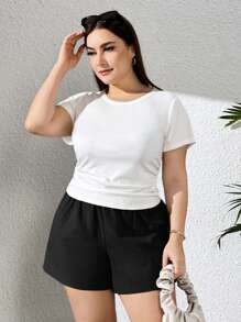 Hourglow Plus Size Women's Black Casual Textured Shorts With Waist Tie For Spring/Summer, For Hourglass Body Shape - Black - View 6