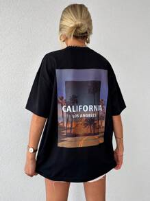 EURMUSE Cotton Picture & Letter Graphic Drop Shoulder Tee - Black - View 5