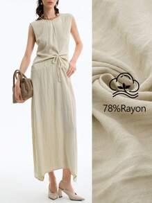 Aalyst Váy không tay buộc eo màu mơ đơn giản & thanh lịch kiểu Pháp mùa hè - Màu Khaki - Xem 1