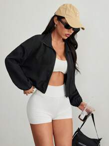 SHEIN PETITE Zip Up Crop Casual Drop Shoulder Jacket In Fall/Winter - Black - View 5