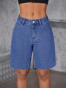 SHEIN ICON 女士夏季休闲水洗牛仔短裤 - 中等水洗藍 - 查看 5