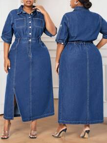 SHEIN Lady Váy denim dài vừa phải, tay lửng, dáng ôm vừa vặn dành cho nữ, màu xanh - Rửa tối - Xem 2